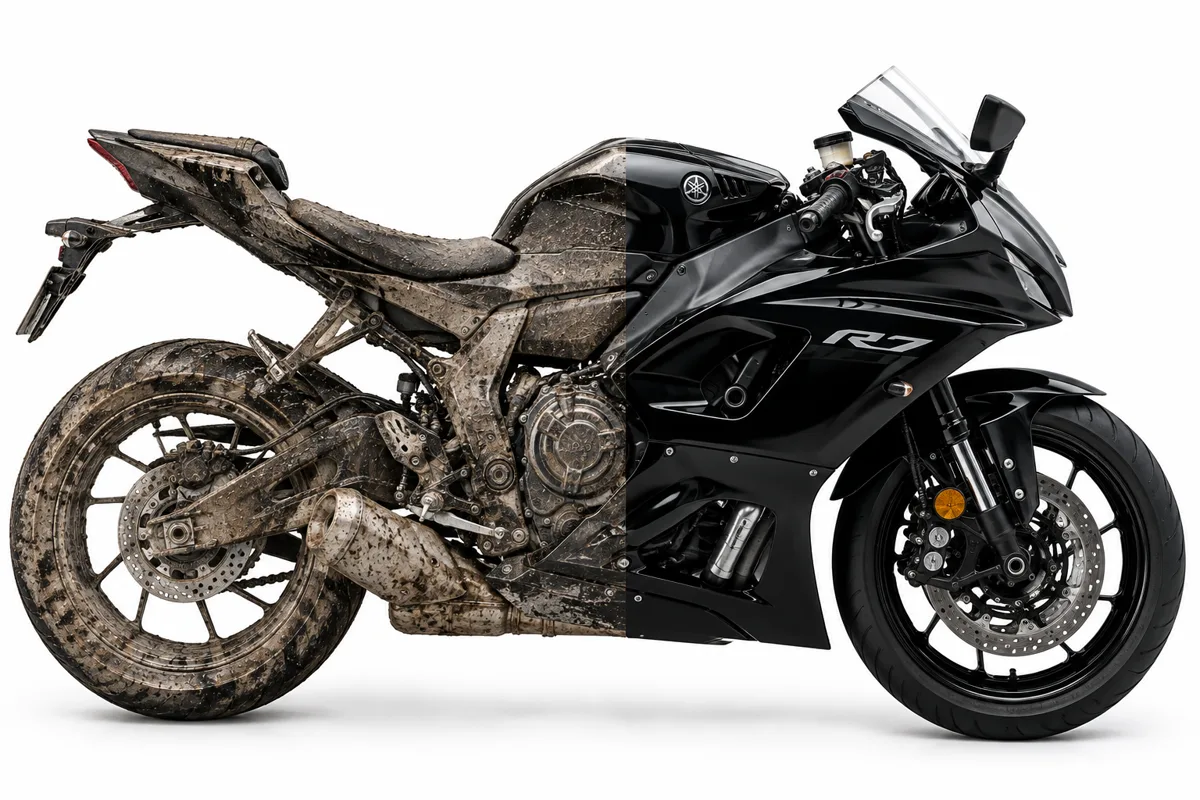 Motorrad Reinigung und Aufbereitung: verschmutzte Yamaha R7 im Vorher-Nachher-Vergleich zum glänzend gereinigten Motorrad
